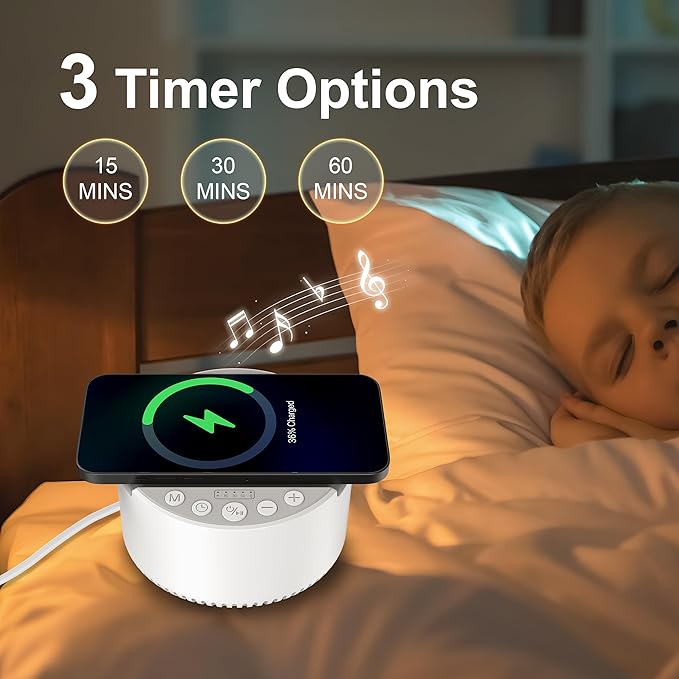 Sound Machine with Wireless Charger&Bluetooth Speaker White Noise Machine with Memory Function,6 Soothing Sounds,3 Timers Modes for Baby Kids Adult & Home Office Travel - Bloomnest