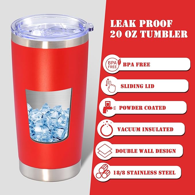 20 oz Tumbler with lid Double Wall Vacuum Insulated Tumblers Stainless Steel Coffee Mug Travel Coffee Tumbler Powder Coated Tumbler Cup Keep Hot&Cold - (Red 6 Pack) - Bloomnest