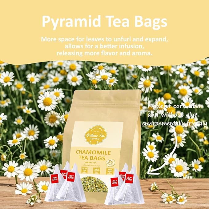 Ovikaso Tea, Chamomile Tea Bags, 50 Pyramid Tea Bags, 1.5g/bag, 100% Natural, Herbal Tea for Relaxation, Direct from Source, Non-GMO, No Caffeine - Bloomnest