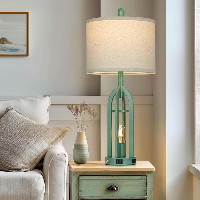 27" Tall Vintage Table Lamp Set of 2 with USB C+A & Outlet,Farmhouse Green Table Lamp for Living Room,Retro Bedside Lamps with Night Light for Bedroom Entryway,Green - Bloomnest