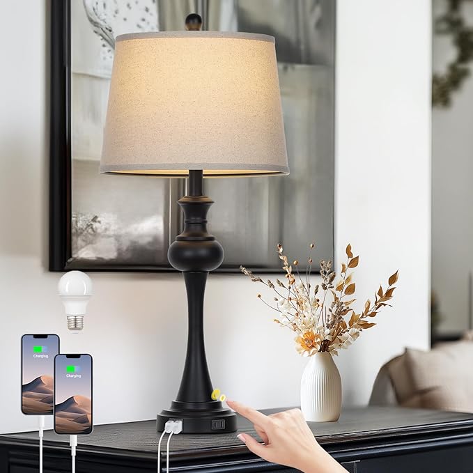 28.75'' Modern Black Metal Table Lamps Living Room Lamp for Nightstand Bedside End Lamp Home Decor Touch Lamp Modern Lamps with USB A+C Ports & Outlets （Bulb Included） - Bloomnest