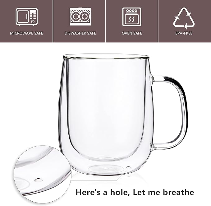 CNGLASS Large Double Wall Glass Coffee Mug 15.2oz,Clear Insulated Glass Espresso Cup with Big Handle,set of 1 - Bloomnest