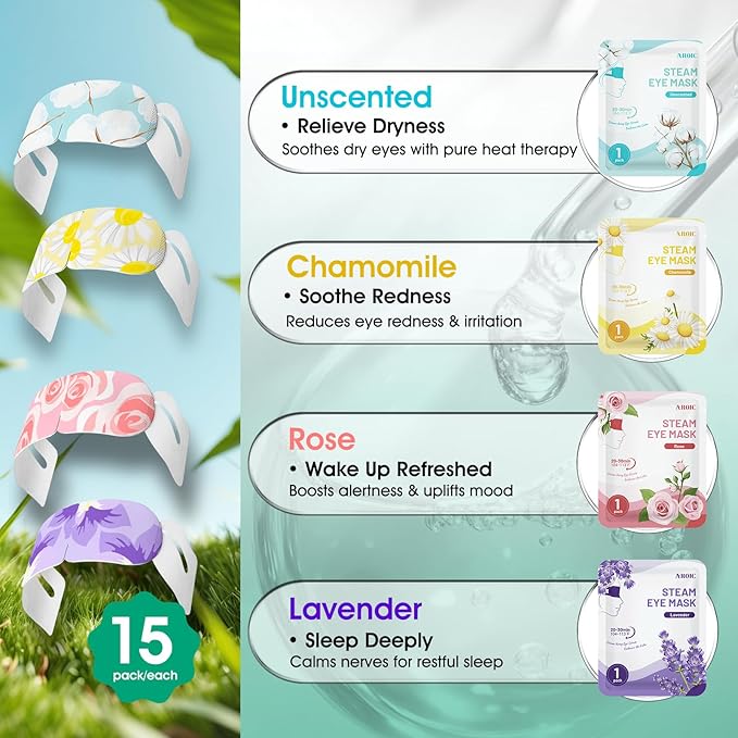 AROIC 60 Pack Steam Eye Masks Disposable for Dry Eyes, Heated Eye Mask Warm Compress for Eyes, Relaxation Gifts, Travel Essentials - Lavender, Unscented, Chamomile, Rose - Bloomnest