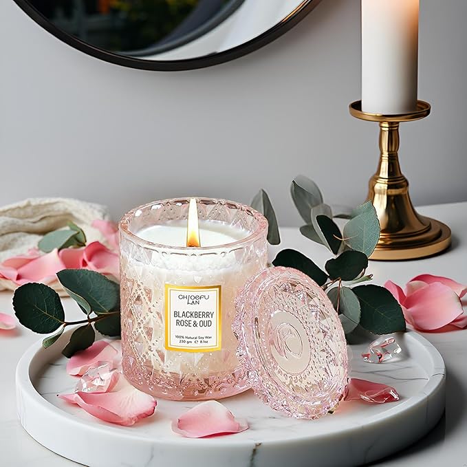 Chloefu LAN Rose Scented Candle, Oud Candle, Mothers Day Candles Gifts for Women, Pink Candles for Home Scented, 55 Hours Long Burning, 100% Natural Soy Wax - Bloomnest