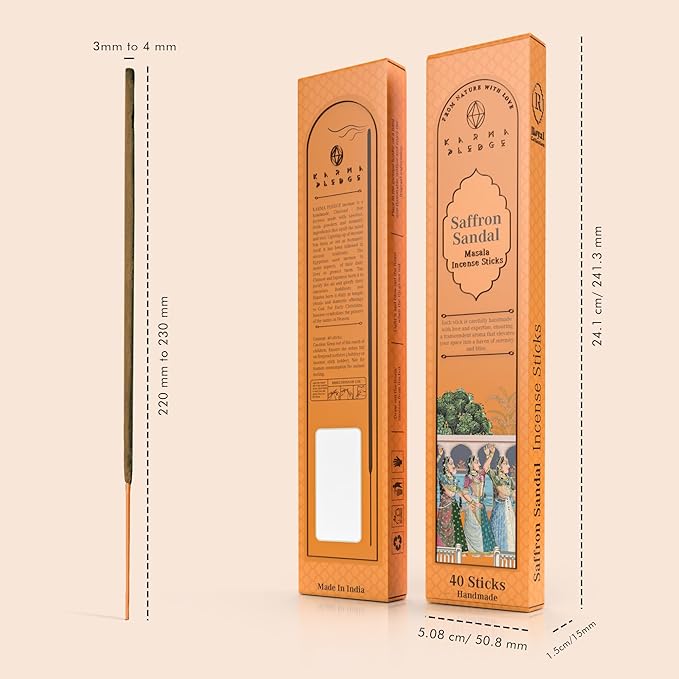 Incense Sticks, Saffron Sandal Incense, Made with Natural Ingredients, Hand Rolled Aromatic Masala, 40 Stick Pack, 45-60 Minute Burn Time, Best for Home Fragrance, Meditation, Yoga, Spiritual Healing KARMAPLEDGE