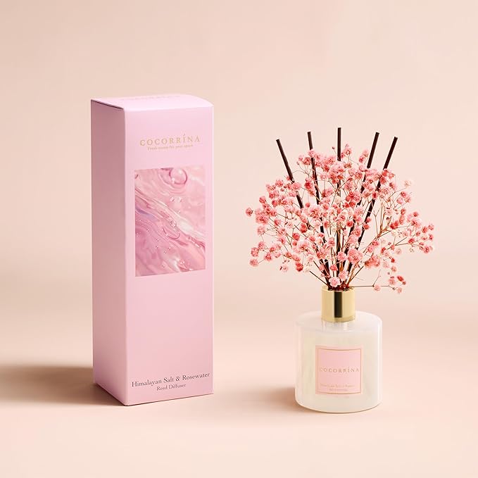 COCORRÍNA Reed Diffuser - Himalayan Salt & Rosewater 6.7 Fl.oz Reed Diffuser Set with Sticks & Preserved Baby's Breath, Reed Diffuser for Home Bathroom Shelf Decor - Bloomnest