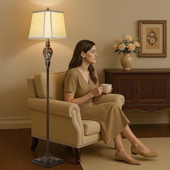 Vintage Floor Lamp with Night Light, 65" Retro Standing Lamp with Brown Finish and Beige Faux Silk Shade, Farmhouse Industrial Design Tall Lamp for Living Room Bedroom Bedside Corner (Bulb Included) - Bloomnest