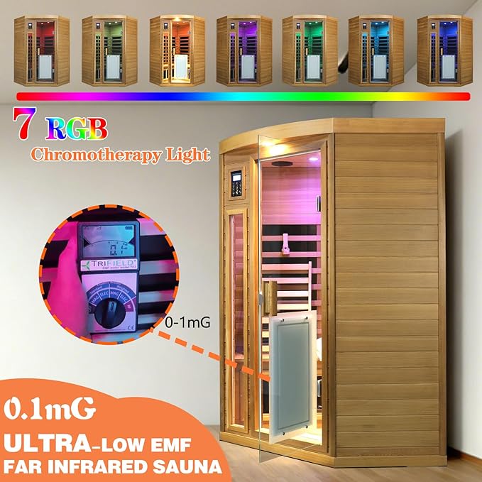 2-3 Person Corner Far Infrared Sauna for Home, 1760W Ultra-Low EMF（0-1mG） Indoor Red Cedar Wood Sauna Room with 8 Heating Panels, Dual Control Panel, Bluetooth Speaker & Chromotherapy Lights KUNSANA