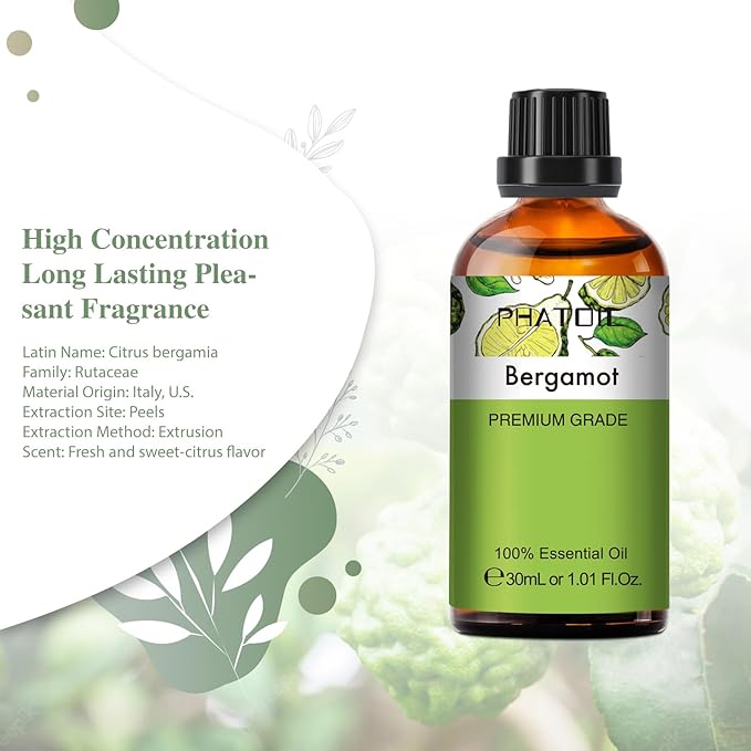 Bergamot Essential Oil 1.01fl.oz/30ml, PHATOIL Bergamot Oils Long Lasting Scents for Aromatherapy, Diffuser, DIY Soap and Candle Making - Bloomnest