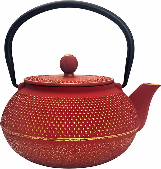 30.4oz Small Cast Iron Teapot, Tea Kettle for Stovetop Safe Coated with Enameled Interior, Red Japanese Tetsubin, Tea Pot with Stainless Steel Infuser for Loose Tea(900ml) - Bloomnest