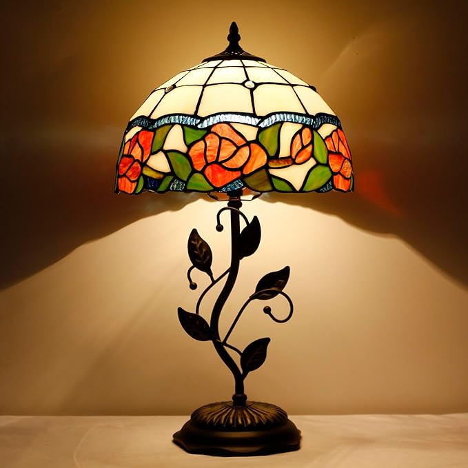 Tiffany Lamp Rose Flower Style Stained Glass Table Lamp Desk Bedside Reading Light 12X12X19 Inches with Metal Leaf Base Decor Bedroom Living Room - Bloomnest