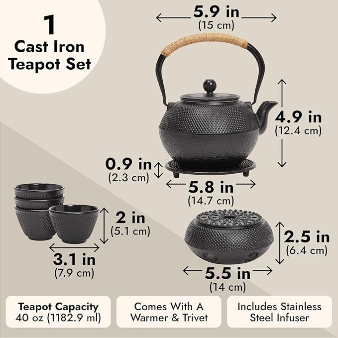 Juvale Tea Kettle Stovetop Japanese Cast Iron Tetsubin - 40 oz, Black - Cast Iron Tea Set & Teapot with Loose Leaf Infuser, Warmer & 4 Cups, Trivet - Bloomnest