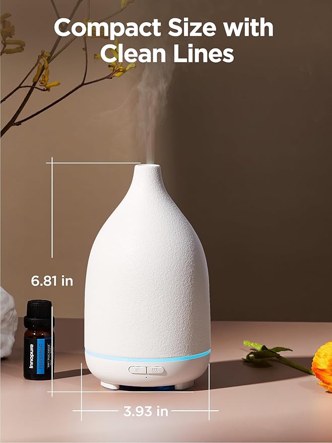 InnoGear Oil Diffuser, 150ML Ceramic Diffuser for Essential Oils Handcrafted Aromatherapy Diffuser Ultrasonic Cool Mist Humidifier with 2 Mist Modes Waterless Auto Off for Room Office, White Base - Bloomnest