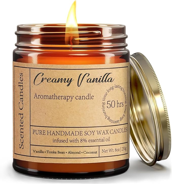 Creamy Vanilla Candles for Home Scented - 8oz Aromatherapy Candles for Women Mom Relaxation Anxiety Stress Relief, Calming Candles Gifts for Birthday Christmas Soy Wax Candle 50 Hour Burn Time - Bloomnest