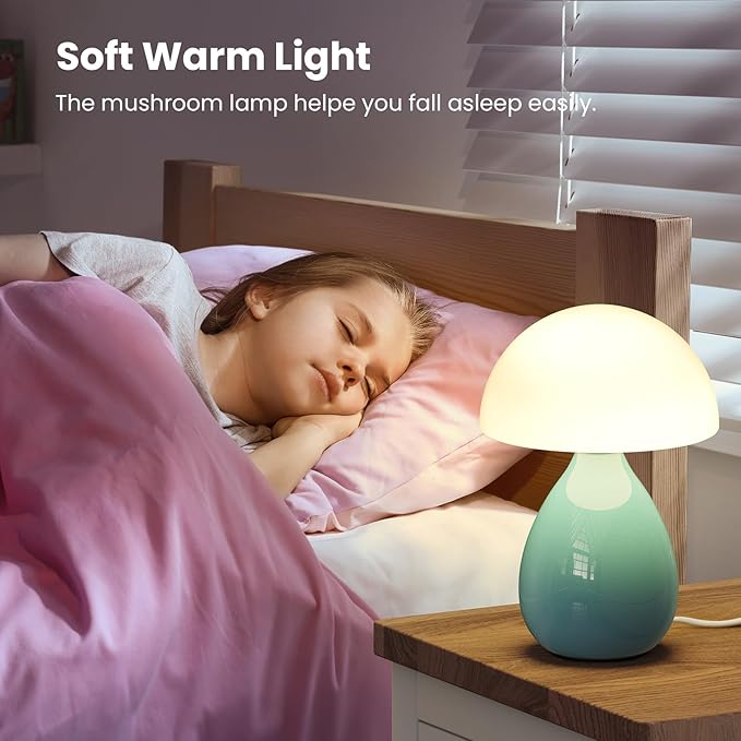 Mushroom Side Table Lamp, Mini Modern Lamp Small Vintage Table Bedside Nightstand Light, Small Light Dimmable for Bedroom, Living Room, Ceramic Base Glass Led Home Decor for Woman Gifts - Bloomnest