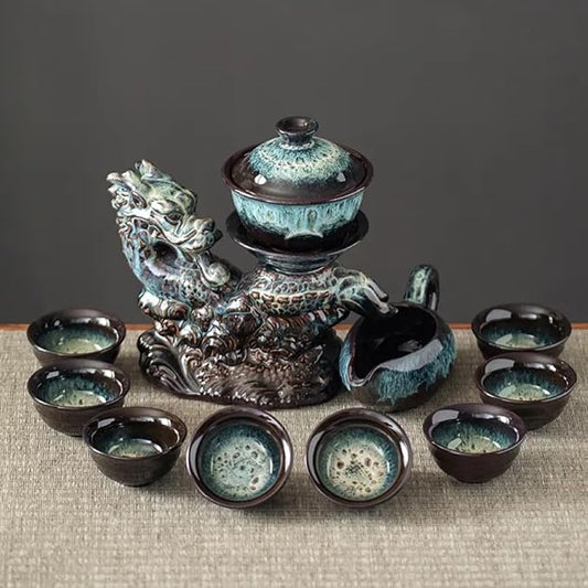 Chinese Gongfu Tea Set Ceramic Teapot with Infuser, 8 Cups, Semi Automatic Dragon Design for Loose Leaf Tea