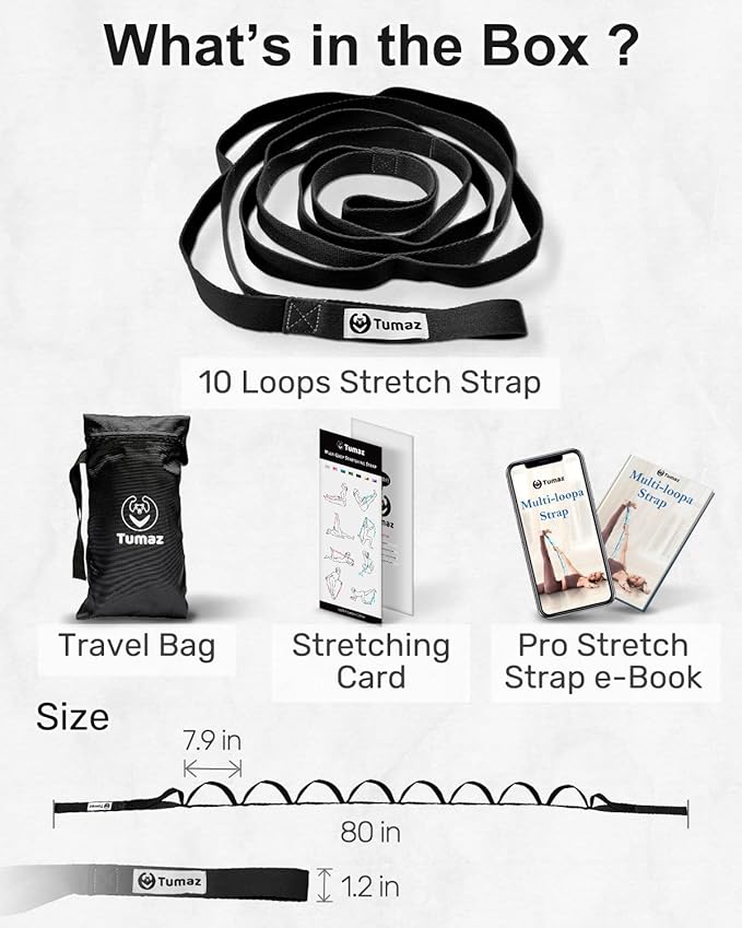 Tumaz Stretching Strap - 10 Loops & Non-Elastic Yoga Strap - The Perfect Home Workout Stretch Strap for Physical Therapy, Yoga, Pilates, Flexibility - [Extra Thick, Durable, Soft] - Bloomnest