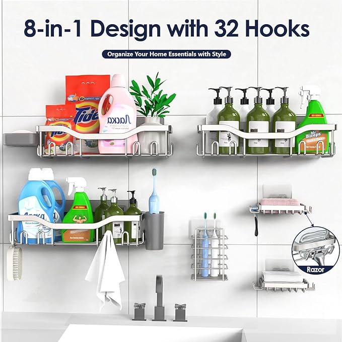Shower Caddy Adhesive Shower Organizer 8-Pack, Rustproof Stainless Steel Bathroom Shelves, Large Capacity No-Drill Rack Storage Accessories with Soap Dish Toothbrush Holder Hooks - Bloomnest