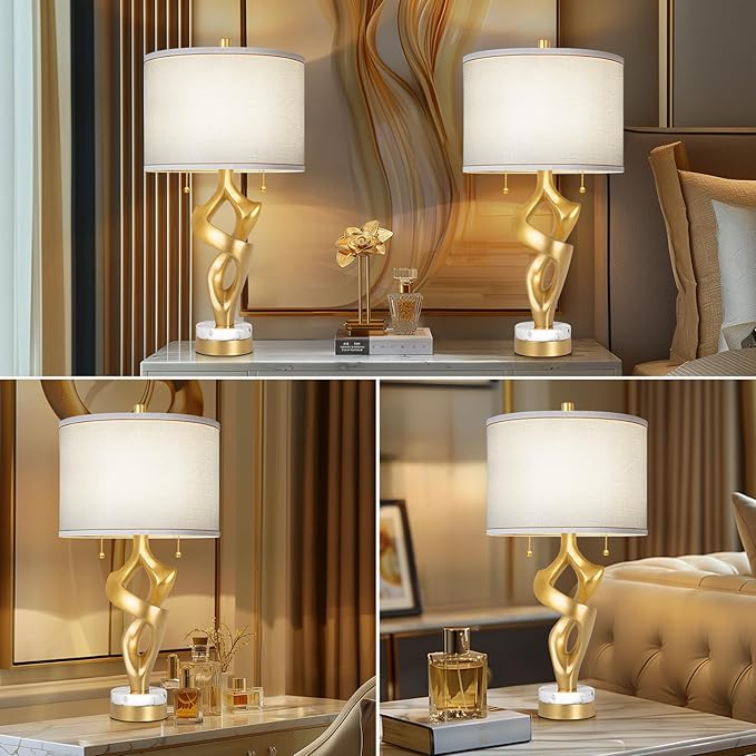 Scenekoy Sculptural Table lamp Set of 2 for Living Room with Marble Base & USB Ports, Gold Leaf Finish Rustic Bedside Lamps with S Cluster Pull Chains Switch, Nightstand Lamp for Office Hotel Bar - Bloomnest