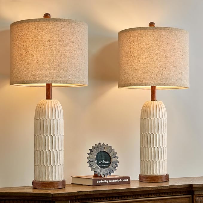 OYEARS 26.5" Table Lamp Set of 2 for Bedroom Living Room with USB A+C Charging Ports Modern Farmhouse Bedside End Lamps Rustic Nightstand Lamps,Brown - Bloomnest