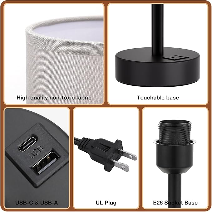 Dicoool Grey Touch Bedside Lamp with USB - 3 Way Dimmable Table Lamp for Bedroom, Nightstand Lamp with Black Charging Station for Desk Dorm, Office, Boy Kids Room, Small - Bloomnest