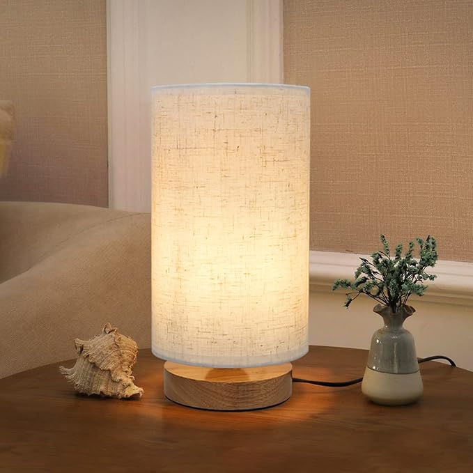 Small Bedside Night Table Lamp for Bedroom, Minimalist Nightstand Lamp with Round Fabric Linen Shade, Study Reading Desk Lamp for Kids Room, Living Room, College Dorm, Home, Office - Bloomnest