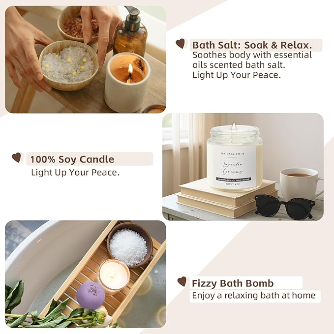 Natural Amor 5-Piece Lavender Spa Gift Set – Bath Bomb, Body Butter, Bar Soap, Bath Salt, Candle – Relaxing Self Care Kit for Women – Gift Box for Birthday, Thank You, Get Well - Bloomnest