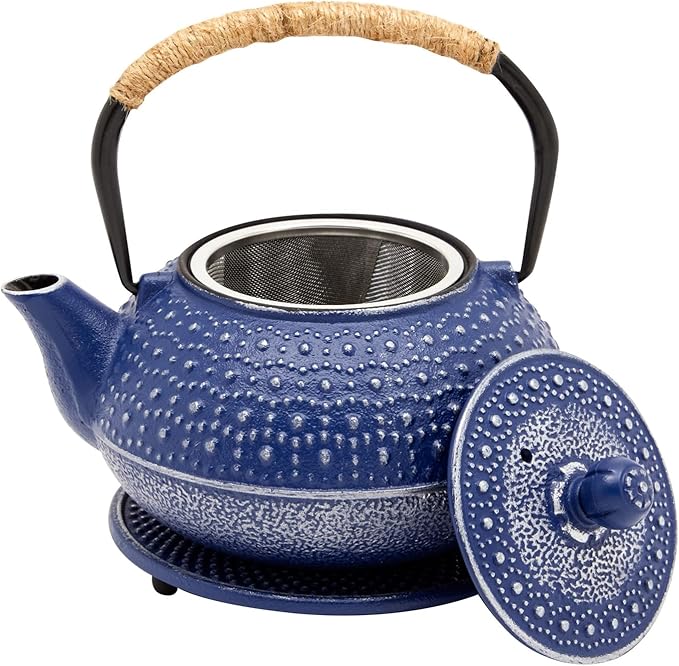 Juvale Cast Iron Teapot with Infuser - Blue, 27 oz (800 mL) - Stovetop Tea Kettle for Loose Leaf Tea - Includes Stainless Steel Infuser & Trivet - Bloomnest