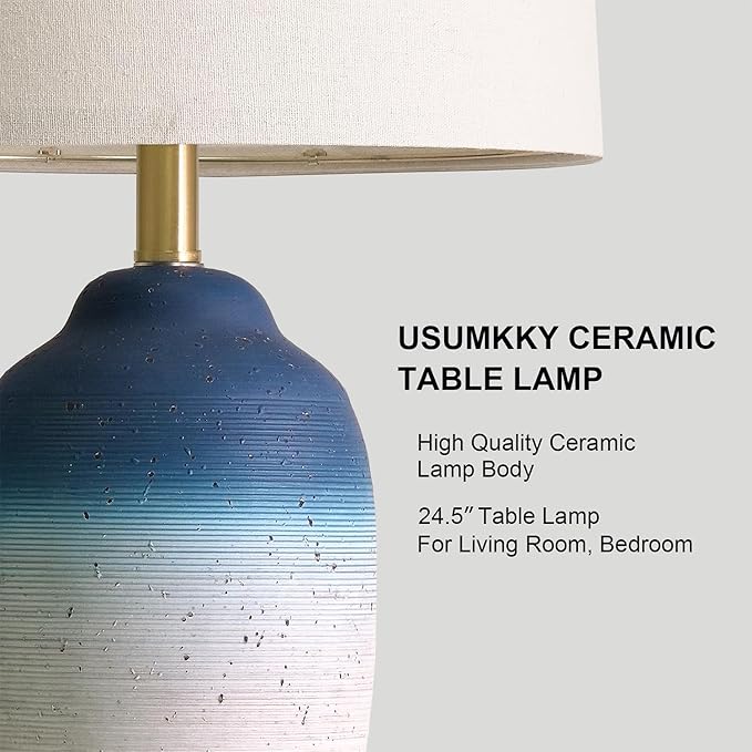 24.5" Vintage Ceramic Table Lamp - Single Farmhouse Rustic Bedside Lamp with Natural Textured Finish, Nightstand Lamps for Living Room, Bedroom, End Table, Office White and Blue - Bloomnest