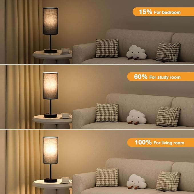 Fenmzee Touch Nightstand Lamp - Black, 3-Way Dimmable, USB A + C Charging, AC Outlet, 17.4inch Medium - Bloomnest