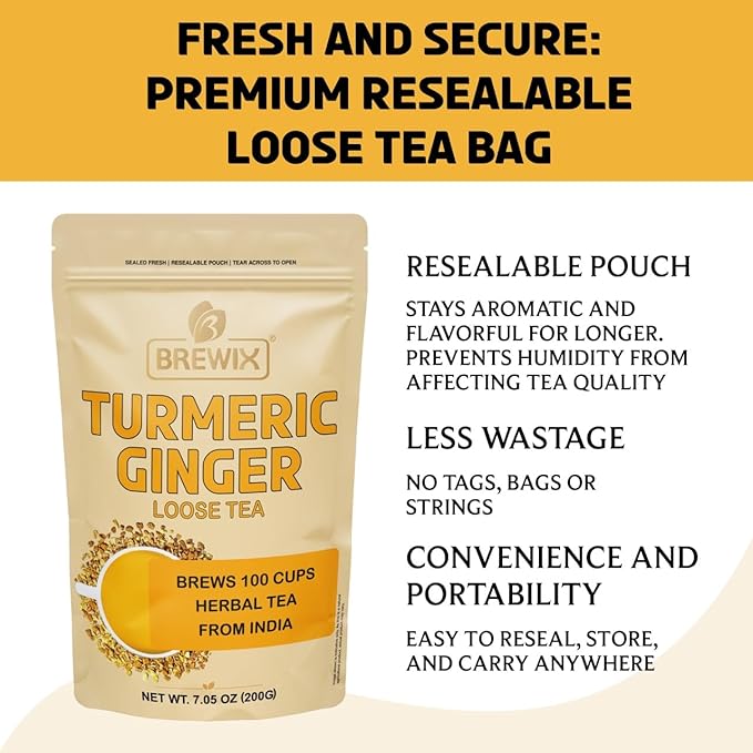 BREWIX, Turmeric Ginger Loose Herbal Tea (100+ Cups, 7.05oz/200g) Caffeine & Gluten Free | Ginger Root Tea | Savory & Spicy - Bloomnest