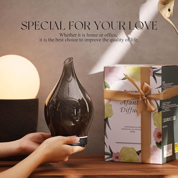 Porseme 150ml Essential Oil Diffuser Glass Color Changing Aroma Air Diffusers Aromatherapy Ultrasonic Cool Mist Humidifier 6 Running Hours Waterless Auto-Off for Sleeping Yoga Office Spa (Pure Grey) Porseme