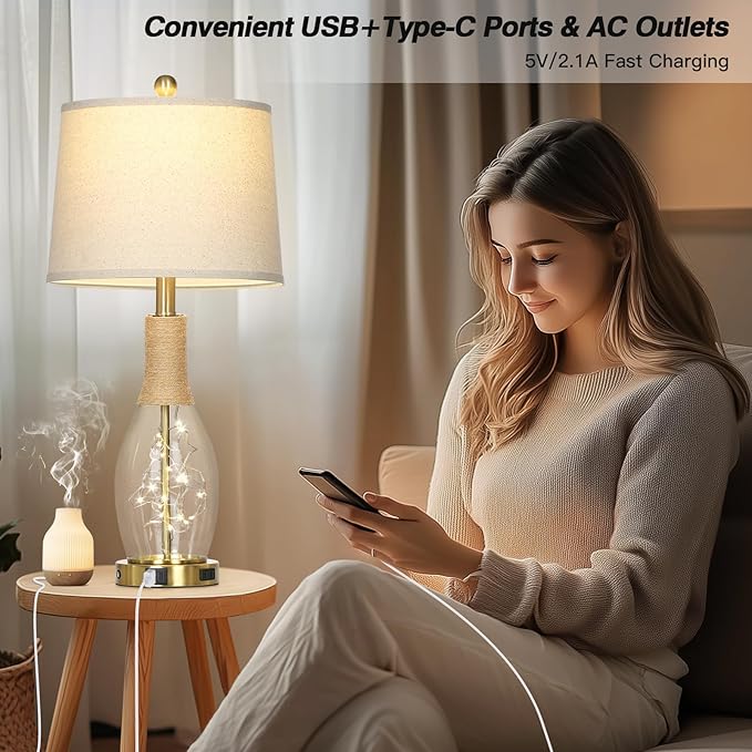 27.5" Coastal Glass Table Lamps Set of 2, Touch Control 3-Way Dimmable Modern Table Lamps with USB A+C Ports & AC Outlets, Farmhouse Rustic Boho Vintage Night Light for Living Room Bedroom Gold Ocean - Bloomnest