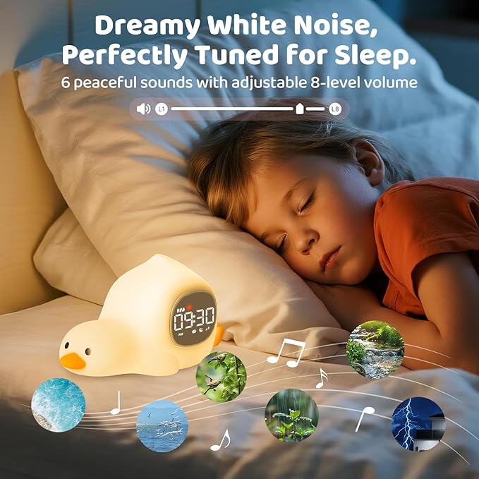 Laying Duck Alarm Clock with Night Light for Kids with Sleep Training and Sound Machine, Rechargeable Silicone Lamp OK to Wake Clock，Cute Animal Tabletop Lamp, Perfect Sleep Companion for Boys Girls - Bloomnest
