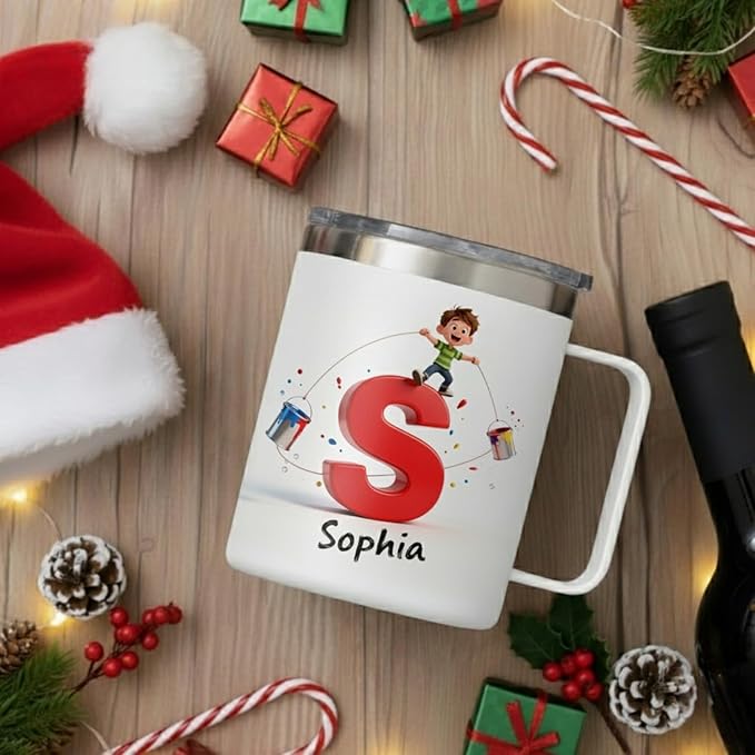 Personalized Kids Mug for Boys with Custom Name, Fun Paint Splash Initial Cup - 14oz Insulated Stainless Steel Tumbler with Handle & Lid, Creative Christmas Stocking Stuffer & Birthday Gift (B67) - Bloomnest