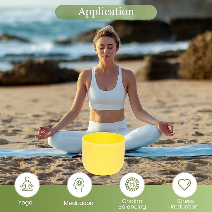 432HZ 8 Inchs E Note Yellow Frosted Crystal Singing Bowl for Meditation Healing Yoga Chakra Quartz Crystal Sound Bowls with Heavy Duty Carry Case and Rubber Mallet,Suede Striker,O-rings - Bloomnest
