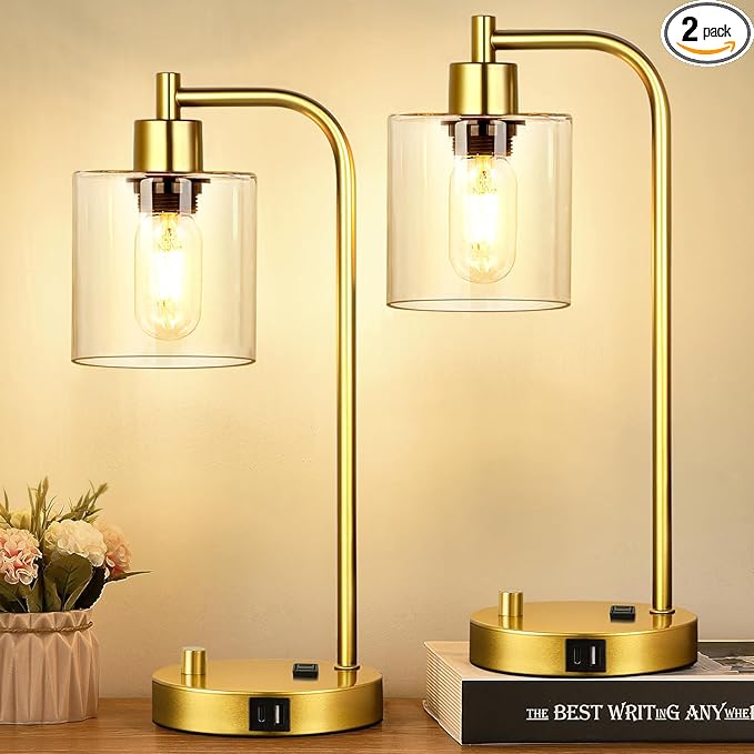 Set of 2 Industrial Table Lamps with USB Port, Gold Fully Stepless Dimmable Bedside Lamps for bedrooms, Nightstand Desk Lamp with Clear Glass Shade for Reading Living Room Office 2 LED Bulb - Bloomnest