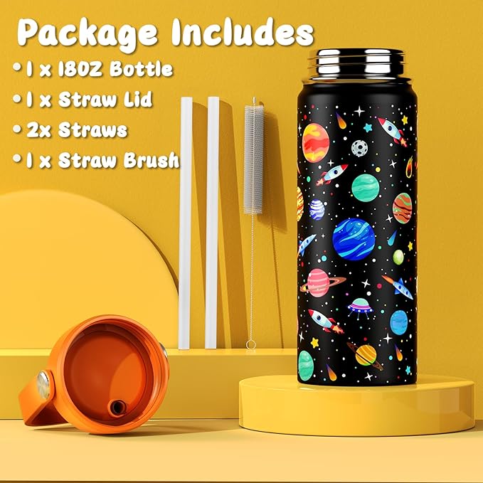 18oz Kids Insulated Water Bottle with Straw Lid - 18/8 Stainless Steel Kid Cup BPA-FREE Travel Tumbler Double Wall Vacuum Leak Proof Portable Toddler Water Bottle (Space) - Bloomnest