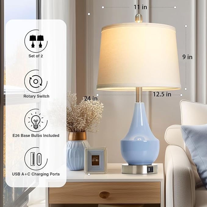 Modern Blue Table Lamp Set of 2, 24" Ceramic Table Lamp with USB A+C Ports,Classic Beside Lamps Nightstand Lamp Modern Lamp for Living Room, Bedroom & Office -LED Bulbs Included - Bloomnest