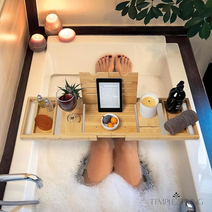 Temple Spring Foldable Bathtub Tray, Unique Design Selfcare Bathroom Caddy, Bamboo Spa Bathroom Tray, Wooden Bathtub Accessories, Wedding Gift/Birthday Gift/New Home Bath Table - Bloomnest