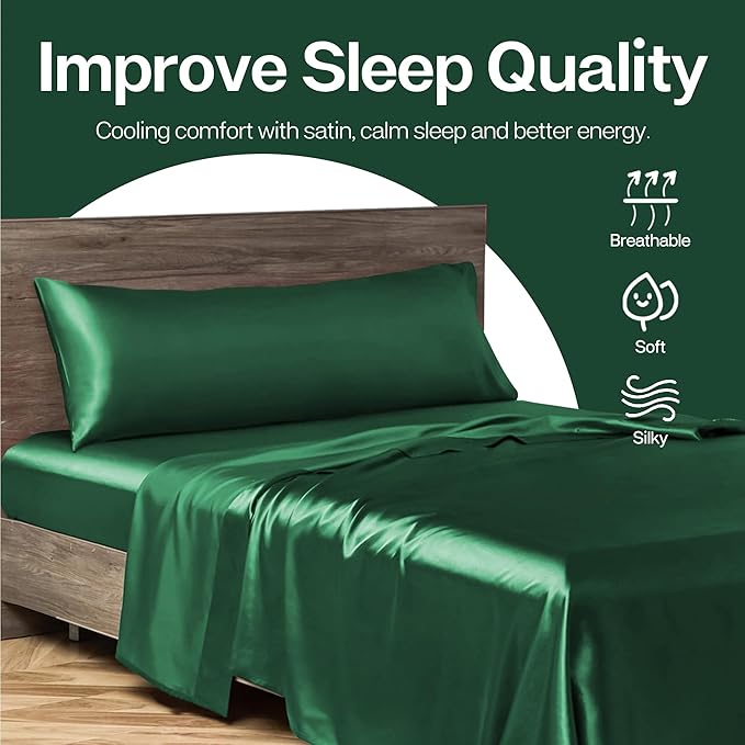 MR&HM Satin Body Pillow Cover, Soft and Breathable Body Pillow Case with Envelope Closure, Cooling and Silky Long Pillowcase for Hair and Skin (20x54, Dark Green) - Bloomnest