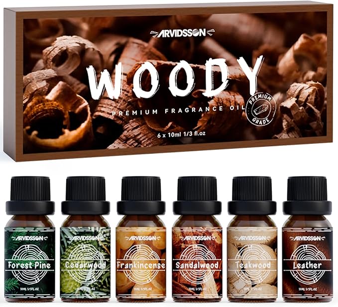 Woody Essential Oils Set, ARVIDSSON Woodsy Fragrance Oil for Candle Making, Sandalwood, Leather, Teakwood, Frankincense, Cedarwood, Pine, Diffuser Essential Oil for Men and Women - Bloomnest