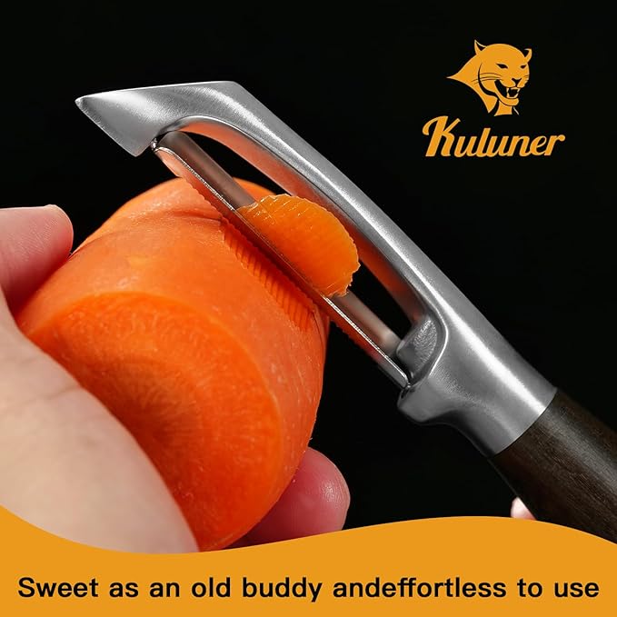 Serrated Blade Premium I Type 304 Stainless Steel Multifunctional Kitchen Peeler Real Wood Handle Ultra Sharp Blade Vegetable Potato Apple（Agarwood） - Bloomnest