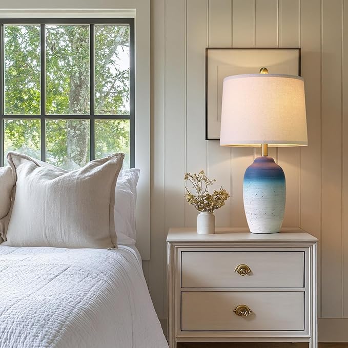 24.5" Vintage Ceramic Table Lamp - Single Farmhouse Rustic Bedside Lamp with Natural Textured Finish, Nightstand Lamps for Living Room, Bedroom, End Table, Office White and Blue - Bloomnest
