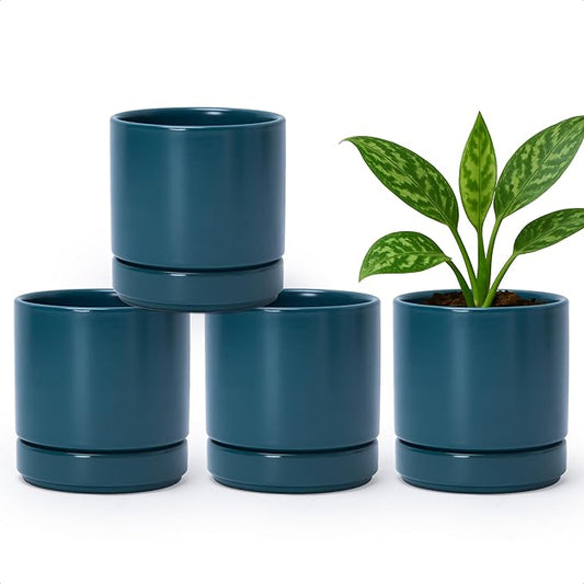 D'vine Dev Set of 4 Small Ceramic Plant Pots, 4.7 Inch Succulent Planter Pot for Plants with Drainage Hole and Saucer, Teal, 94-X-B-9 - Bloomnest