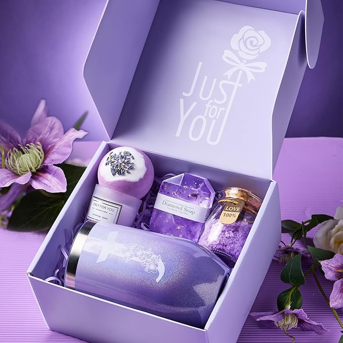 Birthday Gifts for Women, Relaxing Lavender Spa Gift Basket Set with 20oz Monogram Initial Tumbler for Mom Wife Sister Aunt Teacher Nurse, Wedding Gifts, Bridesmaid Gifts, Best Friend Gifts (J) - Bloomnest