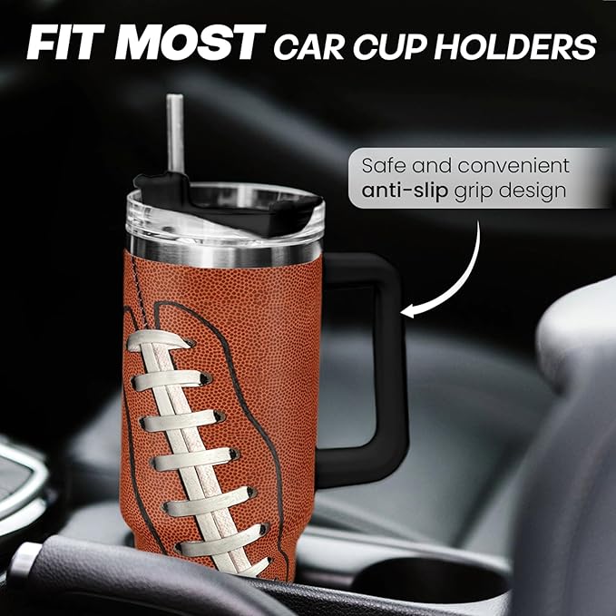 SANDJEST Football Tumbler with Handle 40oz Insulated Stainless Steel Cup with Lid & Straw, Travel Cup, Gifts for Men, Boys, Players, Coaches, Sports Lovers, Christmas, Birthday - Bloomnest