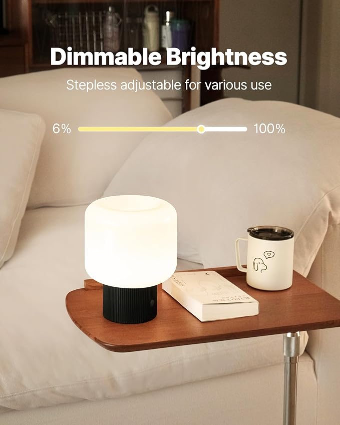 Halo Mushroom Lamp, 5W Cute Cordless Rechargeable Table Lamp with Glass Shade, 3 Color Temps LED Dimmable Ambient Lighting, Small Retro Touch Bedside Light for Bedroom Decor, Black - Bloomnest