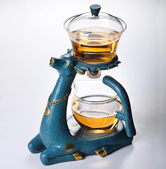 Kungfu Magic Deer Tea Set Glass Magnetic Teapot Semi-Automatic Water Guide Magnetic Teapot with Infuser Heat-Resistant Glass Magic Deer Tea Pot Magic Tea Set Perfect of Holiday Gifts (Blue)