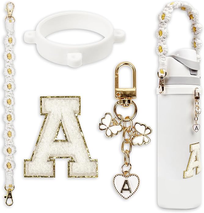 Compatible with Owala Water Bottle Accessories, Cute Letter Charm Set with Boho Handle Strap, Monogram Sticker, Silicone Ring, Keychain Decoration, for FreeSip 24 32 40oz, Owala Kids, Tumbler Gift SITKOL